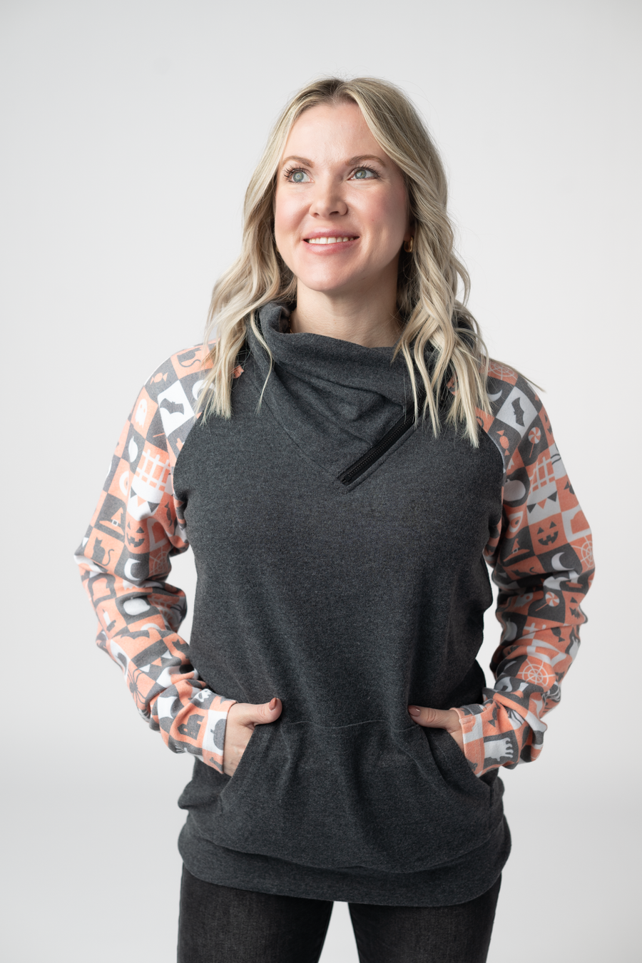 WAREHOUSE ONLY Zoey ZipCowl Sweatshirt -Trick-or-Treat Checkered and Charcoal