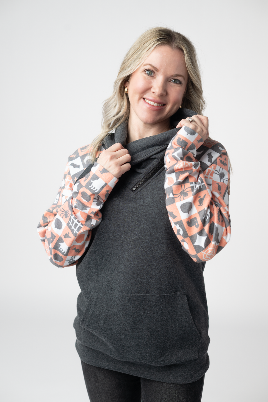 WAREHOUSE ONLY Zoey ZipCowl Sweatshirt -Trick-or-Treat Checkered and Charcoal
