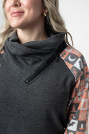 WAREHOUSE ONLY Zoey ZipCowl Sweatshirt -Trick-or-Treat Checkered and Charcoal