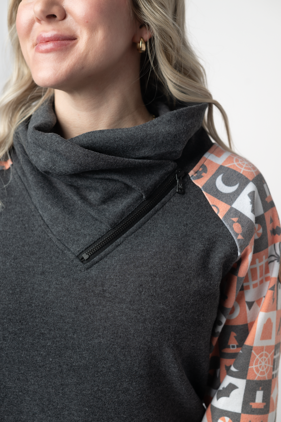 WAREHOUSE ONLY Zoey ZipCowl Sweatshirt -Trick-or-Treat Checkered and Charcoal