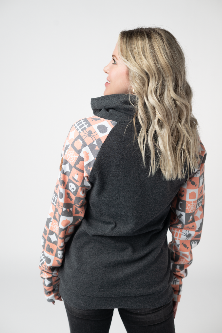WAREHOUSE ONLY Zoey ZipCowl Sweatshirt -Trick-or-Treat Checkered and Charcoal