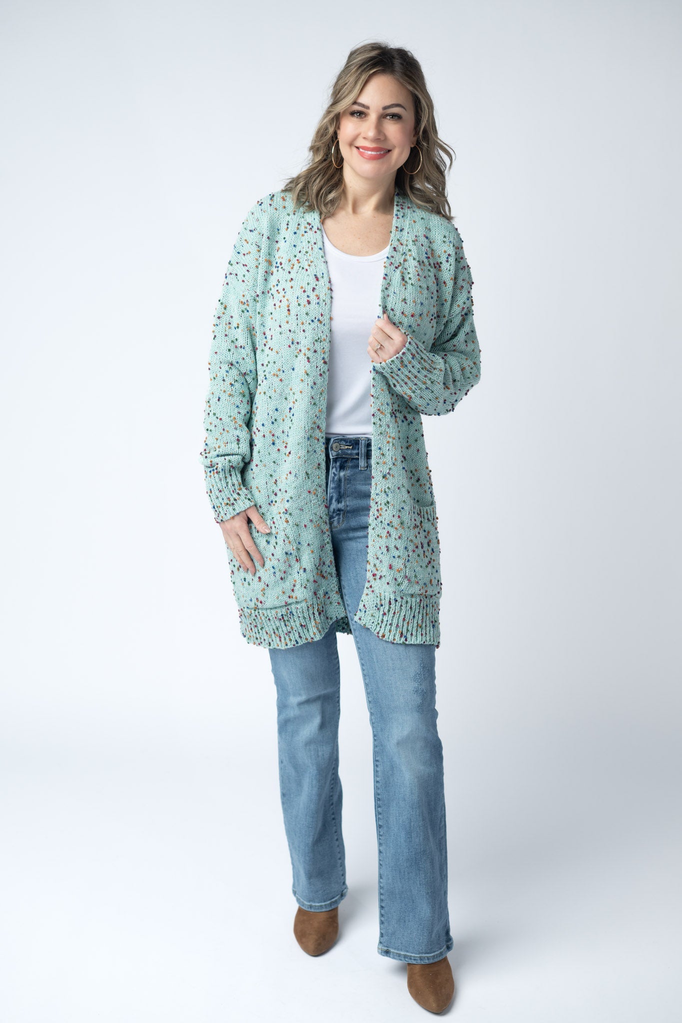 WAREHOUSE Carly Confetti Dot Cardigan - Aqua Blue