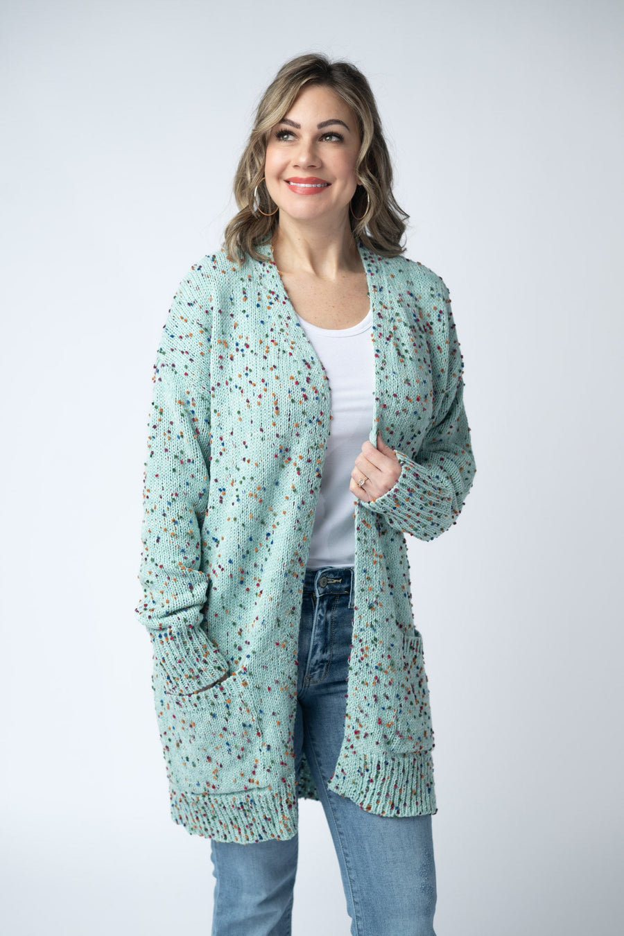 WAREHOUSE Carly Confetti Dot Cardigan - Aqua Blue