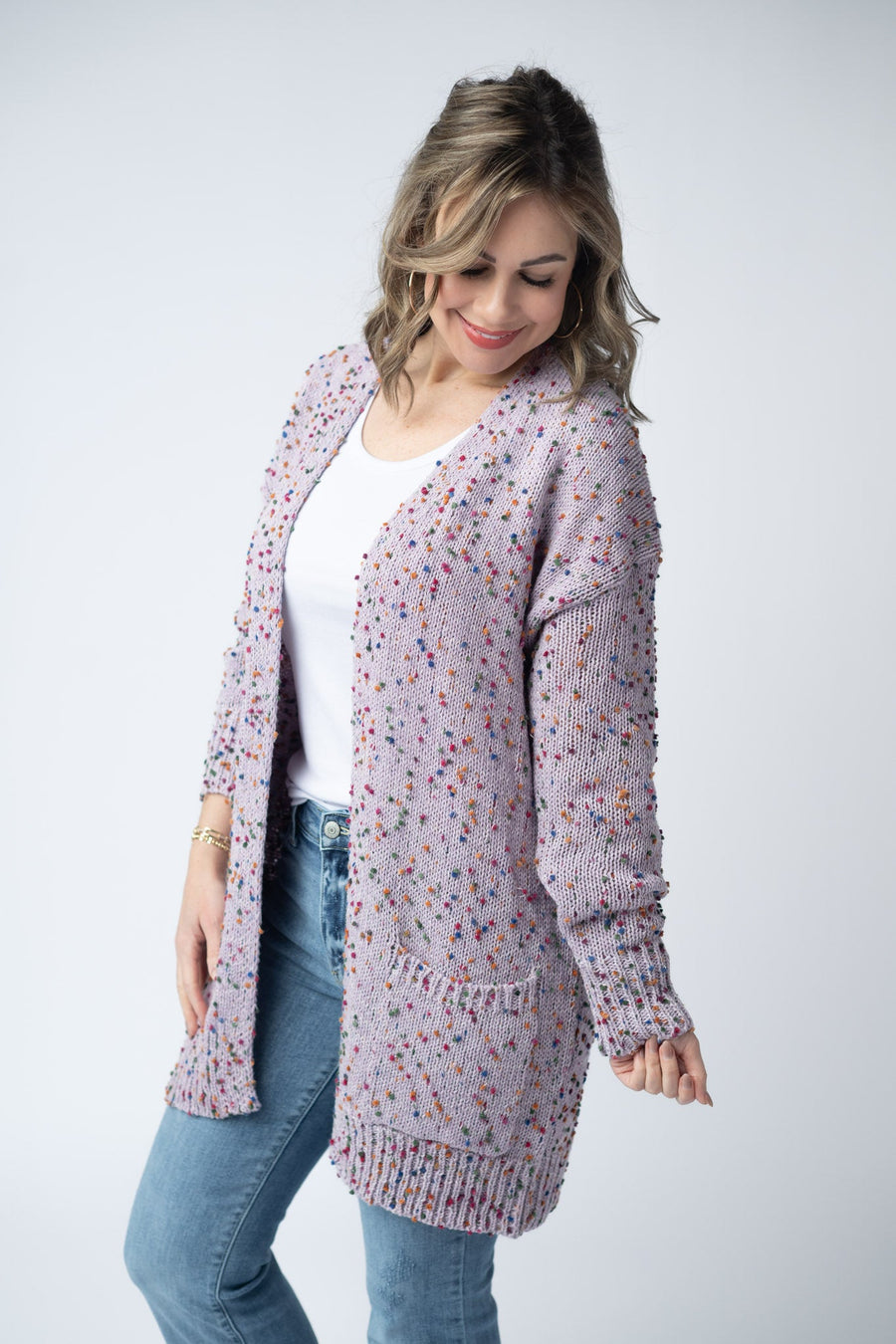 WAREHOUSE Carly Confetti Dot Cardigan - Lavender