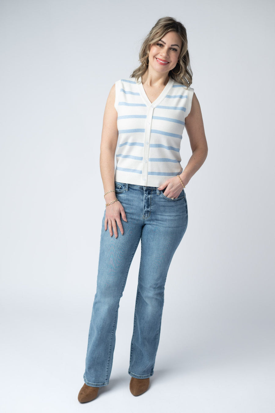 WAREHOUSE Lucy Striped Button Tank - Sky Blue