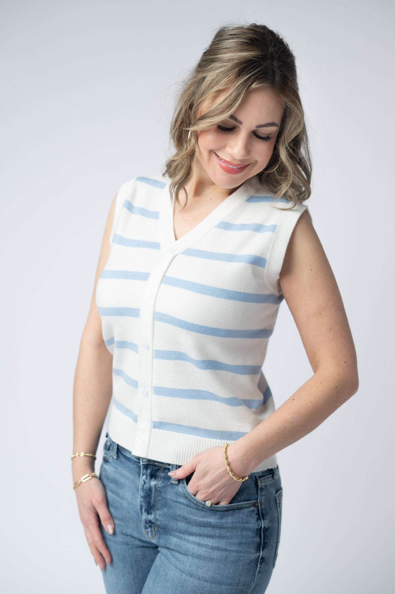 WAREHOUSE Lucy Striped Button Tank - Sky Blue