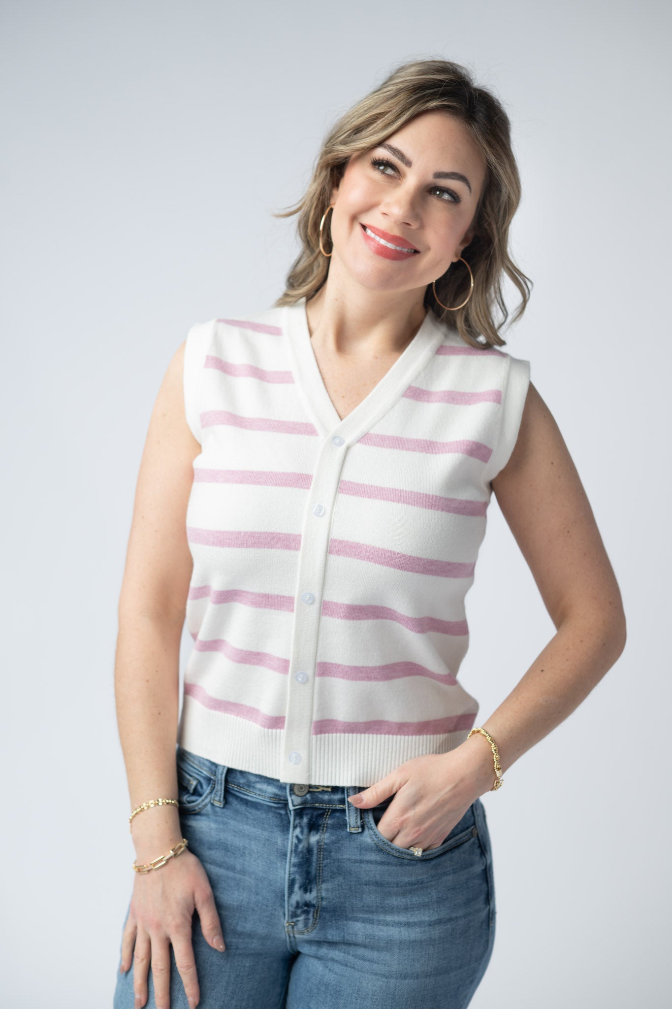 WAREHOUSE Lucy Striped Button Tank - Pink