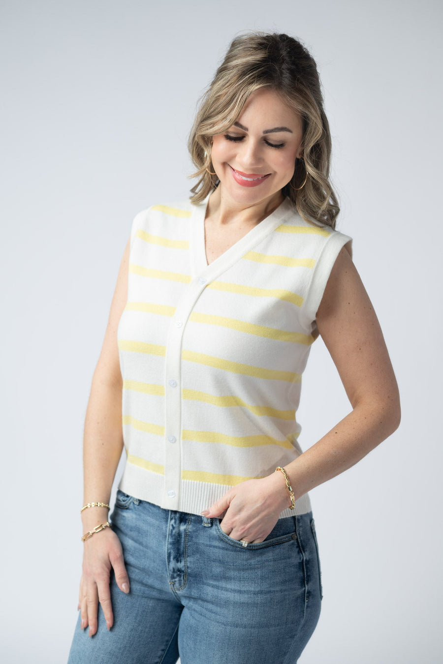 WAREHOUSE Lucy Striped Button Tank - Yellow
