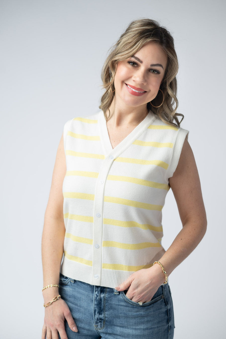 WAREHOUSE Lucy Striped Button Tank - Yellow
