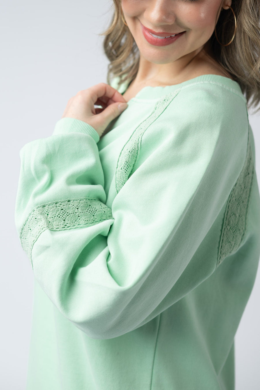 WAREHOUSE Lace Accent Vintage Wash Pullover - Mint