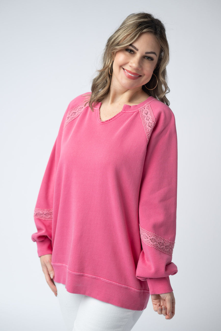 WAREHOUSE Lace Accent Vintage Wash Pullover - Hot Pink