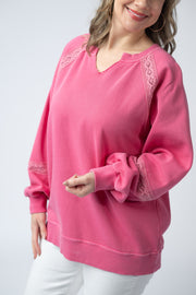 WAREHOUSE Lace Accent Vintage Wash Pullover - Hot Pink