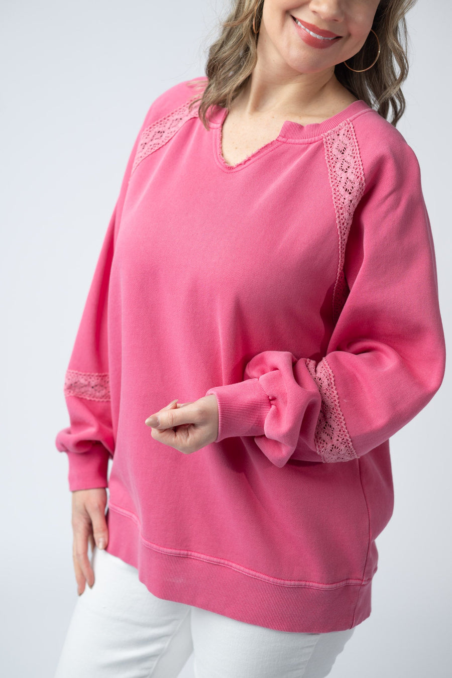 WAREHOUSE Lace Accent Vintage Wash Pullover - Hot Pink