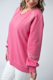 WAREHOUSE Lace Accent Vintage Wash Pullover - Hot Pink