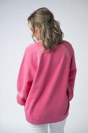 WAREHOUSE Lace Accent Vintage Wash Pullover - Hot Pink