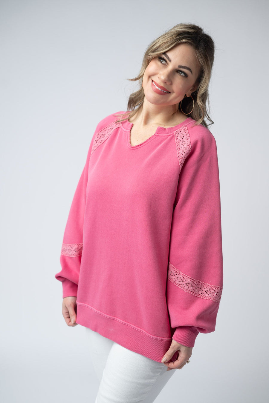 WAREHOUSE Lace Accent Vintage Wash Pullover - Hot Pink