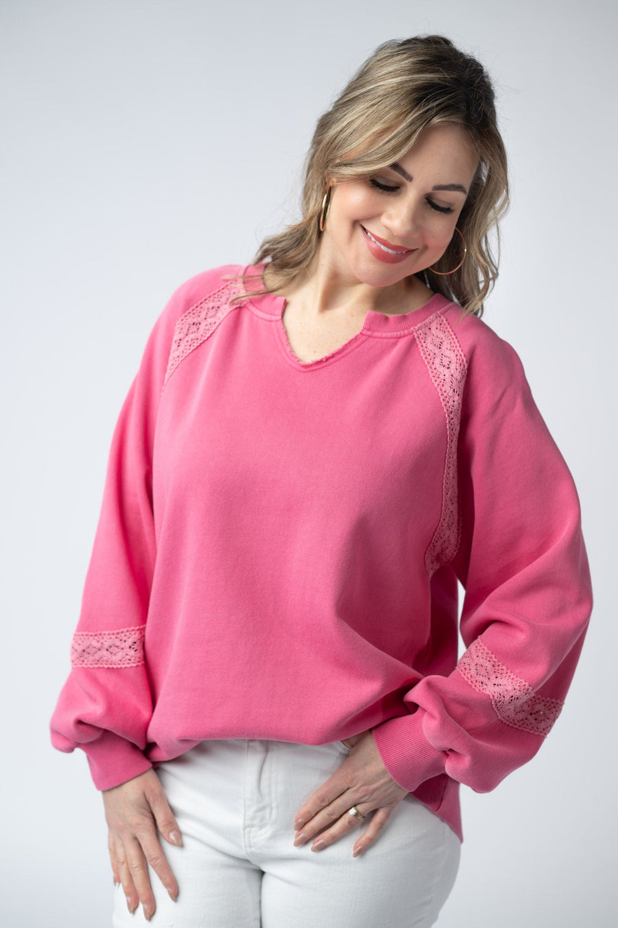 WAREHOUSE Lace Accent Vintage Wash Pullover - Hot Pink