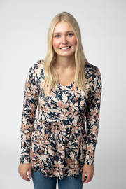 WAREHOUSE ONLY Long Sleeve Sarah Ruffle Top - Navy Autumn Petals