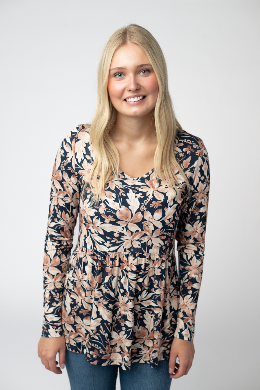 WAREHOUSE ONLY Long Sleeve Sarah Ruffle Top - Navy Autumn Petals