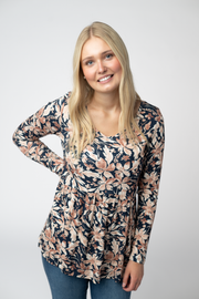 WAREHOUSE ONLY Long Sleeve Sarah Ruffle Top - Navy Autumn Petals