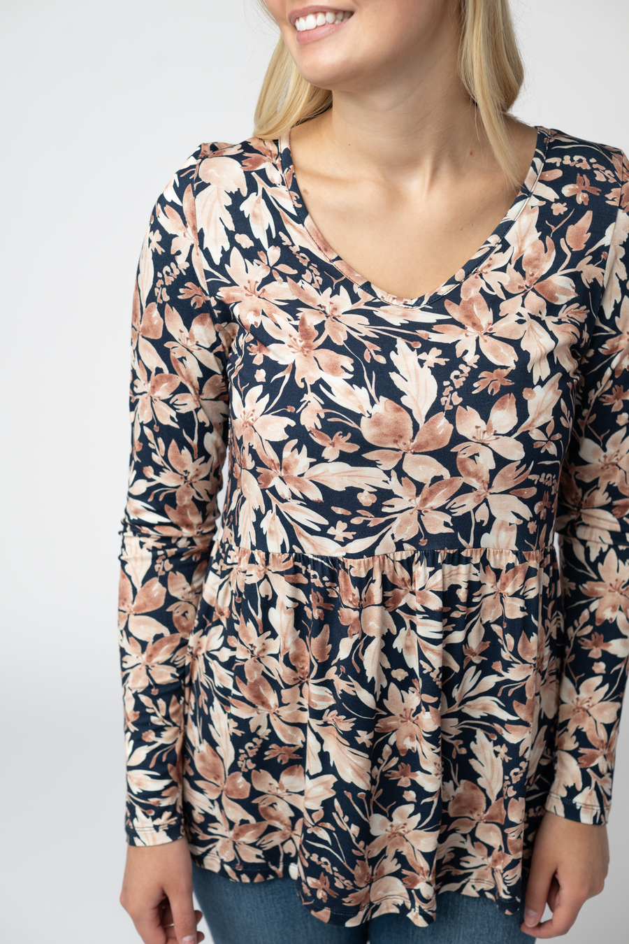 WAREHOUSE ONLY Long Sleeve Sarah Ruffle Top - Navy Autumn Petals