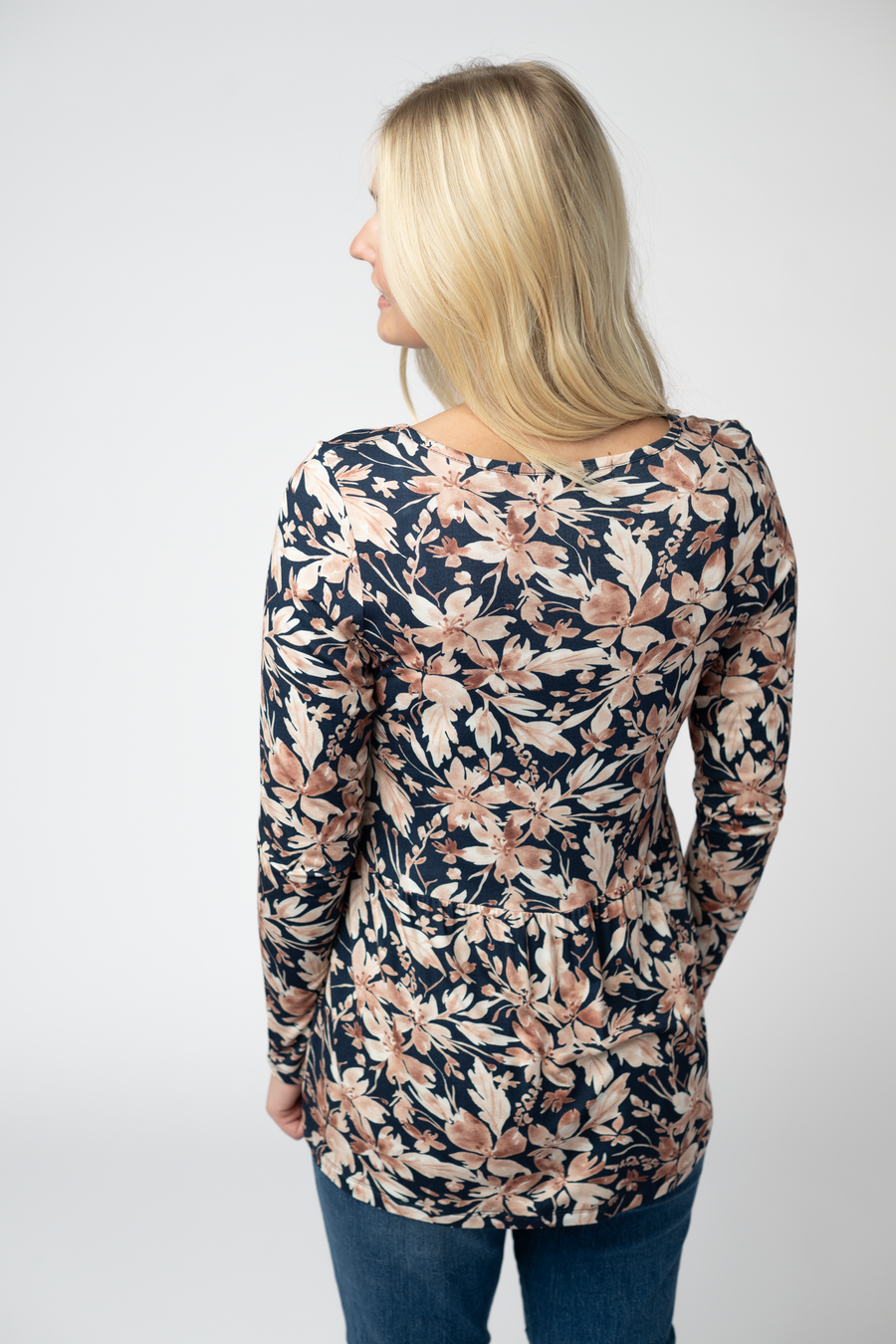 WAREHOUSE ONLY Long Sleeve Sarah Ruffle Top - Navy Autumn Petals