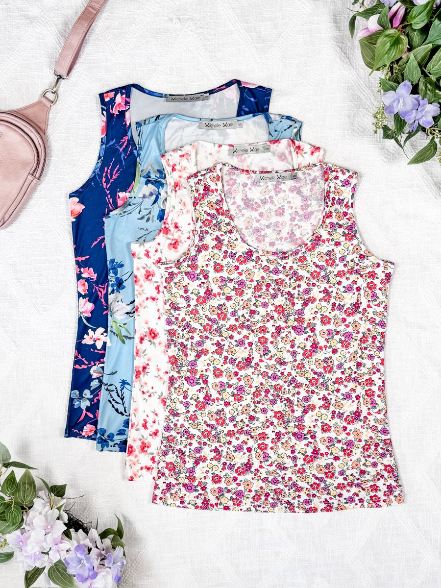 WAREHOUSE Luxe Crew Tank - Ivory Pink Floral