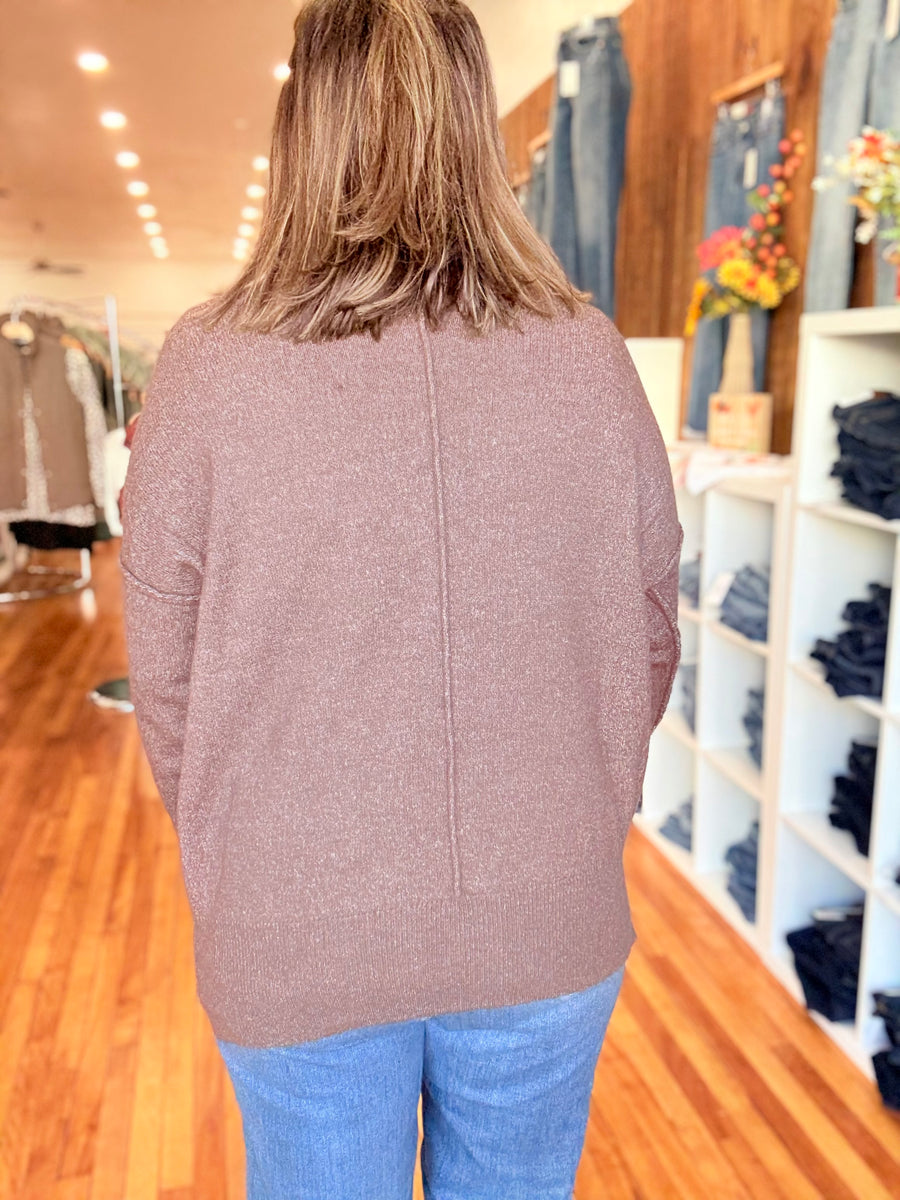 Melange Hi-Low Hem Pocket Sweater- Chocolate