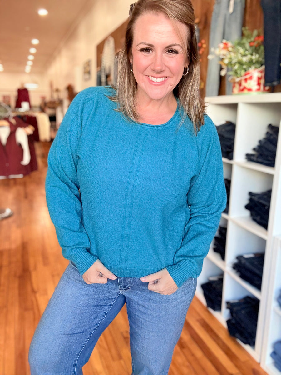Front Seam Round-Neck Sweater- Ocean Teal