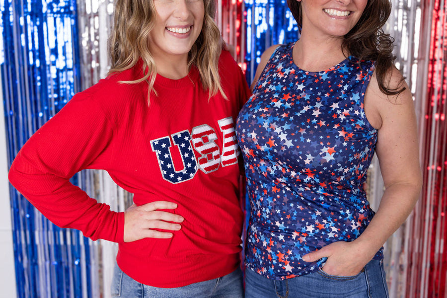 WAREHOUSE Corrine Pullover Top - Red USA Flag