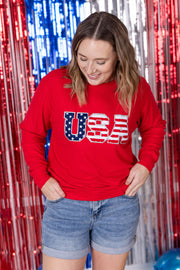 WAREHOUSE Corrine Pullover Top - Red USA Flag