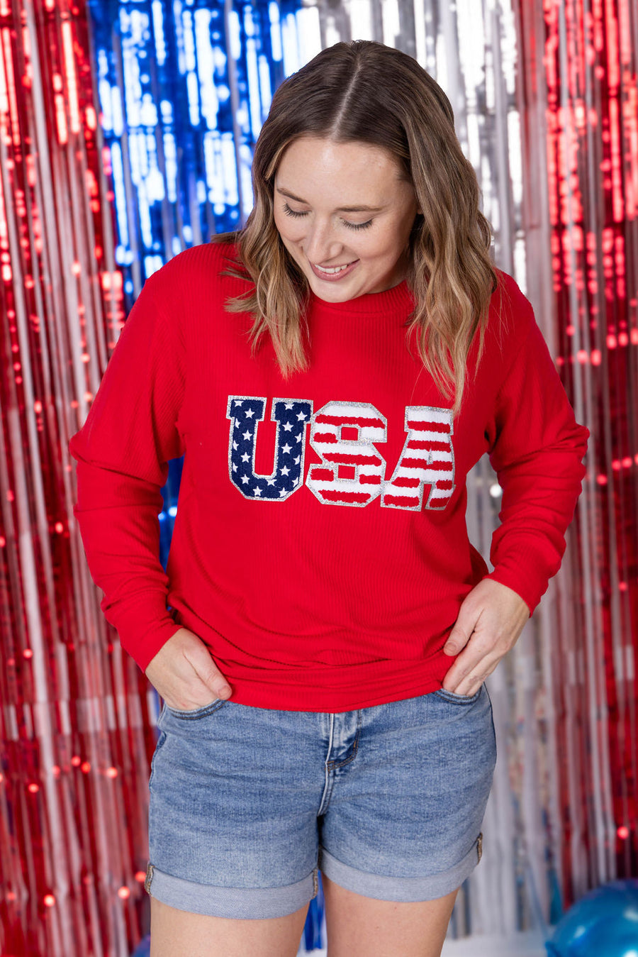 WAREHOUSE Corrine Pullover Top - Red USA Flag