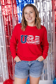 WAREHOUSE Corrine Pullover Top - Red USA Flag
