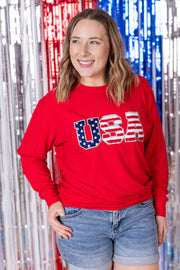WAREHOUSE Corrine Pullover Top - Red USA Flag