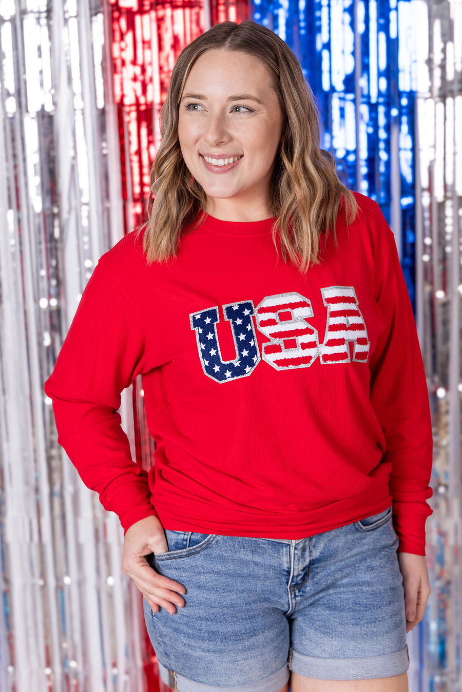 WAREHOUSE Corrine Pullover Top - Red USA Flag
