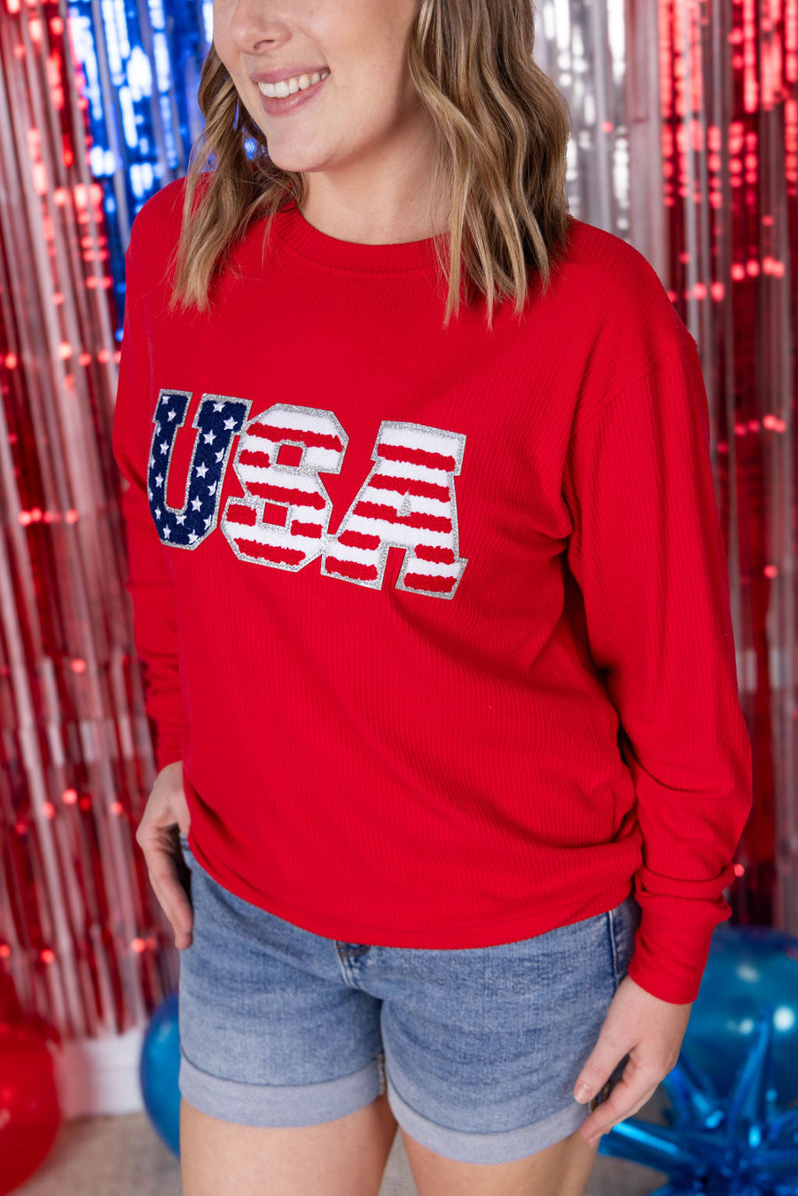 WAREHOUSE Corrine Pullover Top - Red USA Flag