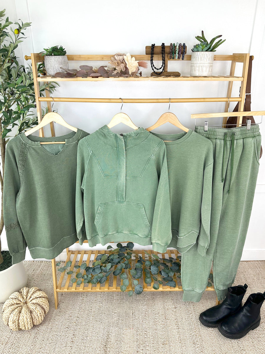WAREHOUSE ONLY Lace Accent Vintage Wash Pullover - Olive