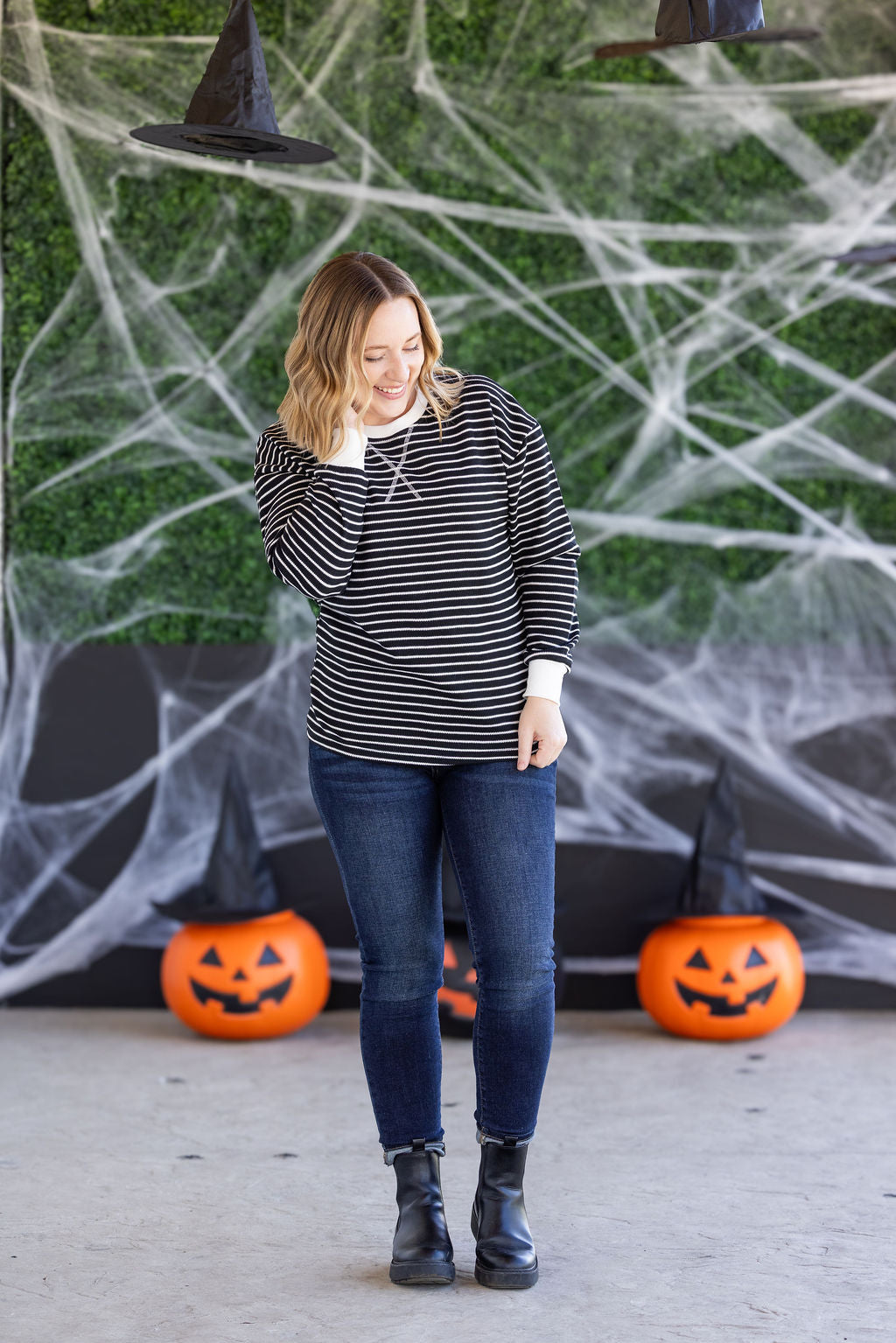 WAREHOUSE Lola Striped Thermal Top - Black