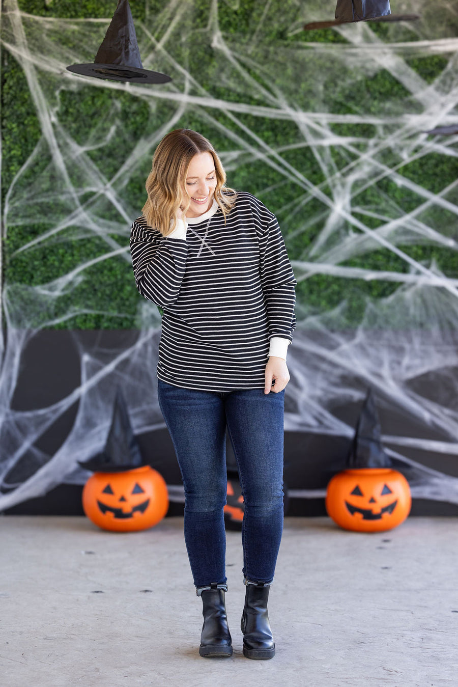 WAREHOUSE Lola Striped Thermal Top - Black