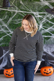 WAREHOUSE Lola Striped Thermal Top - Black