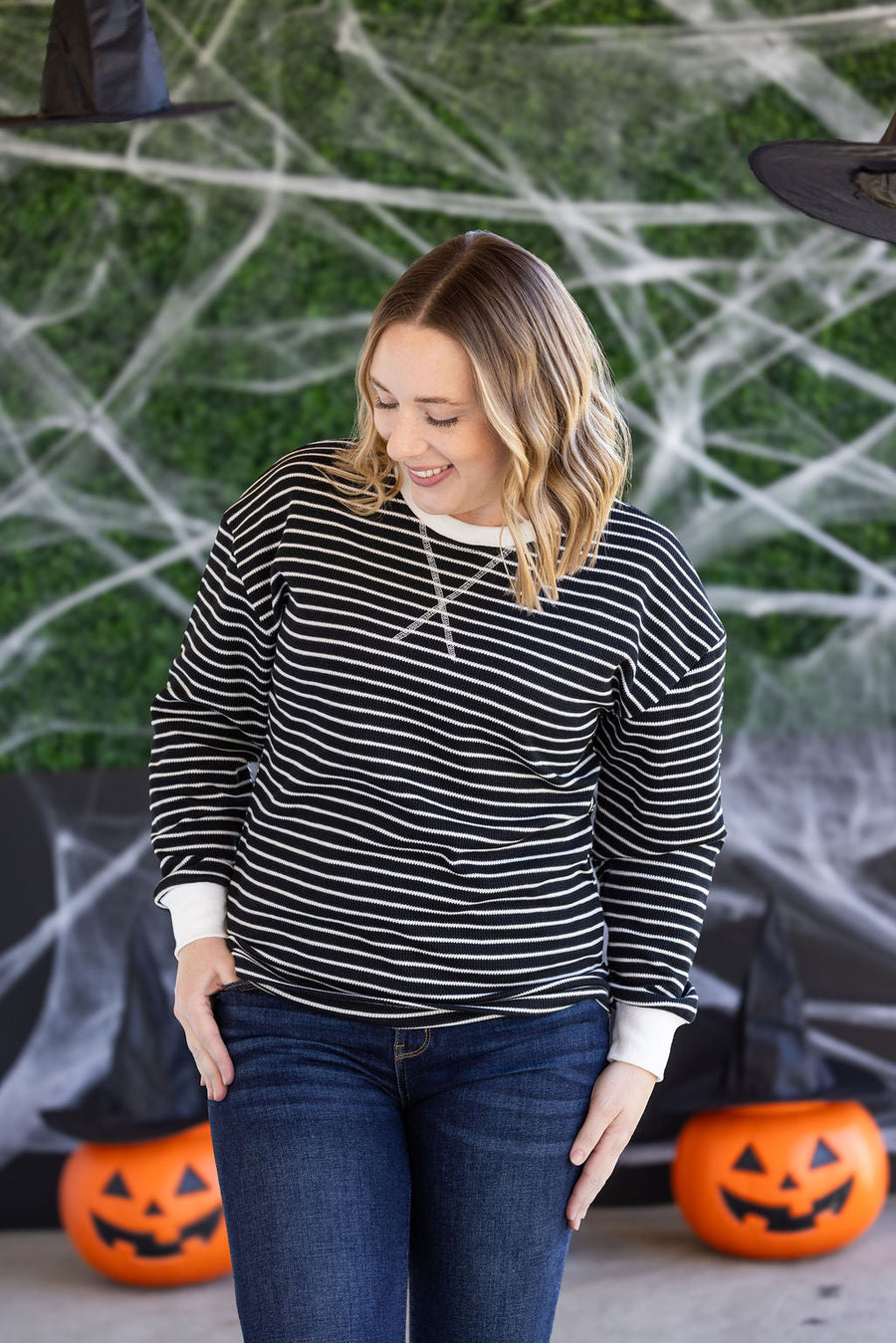 WAREHOUSE Lola Striped Thermal Top - Black
