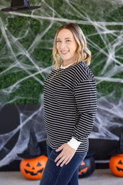 WAREHOUSE Lola Striped Thermal Top - Black
