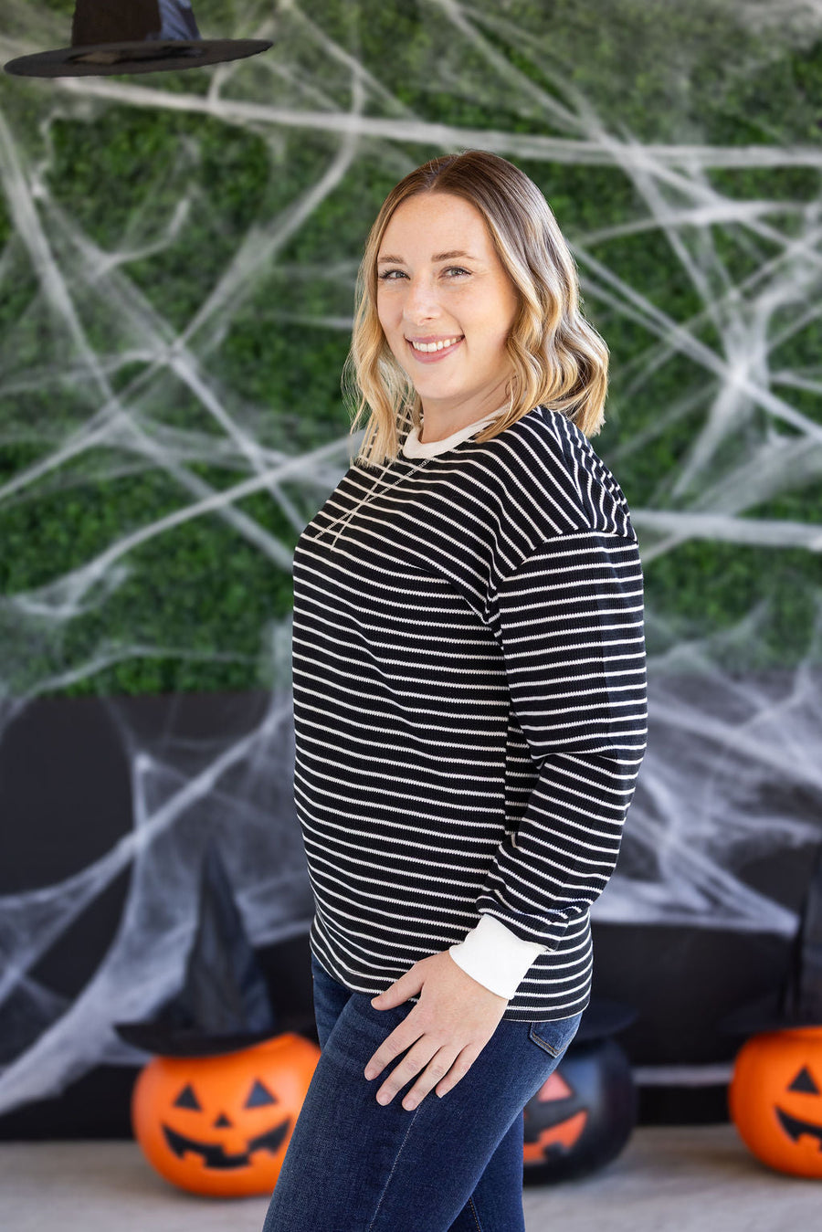 WAREHOUSE Lola Striped Thermal Top - Black