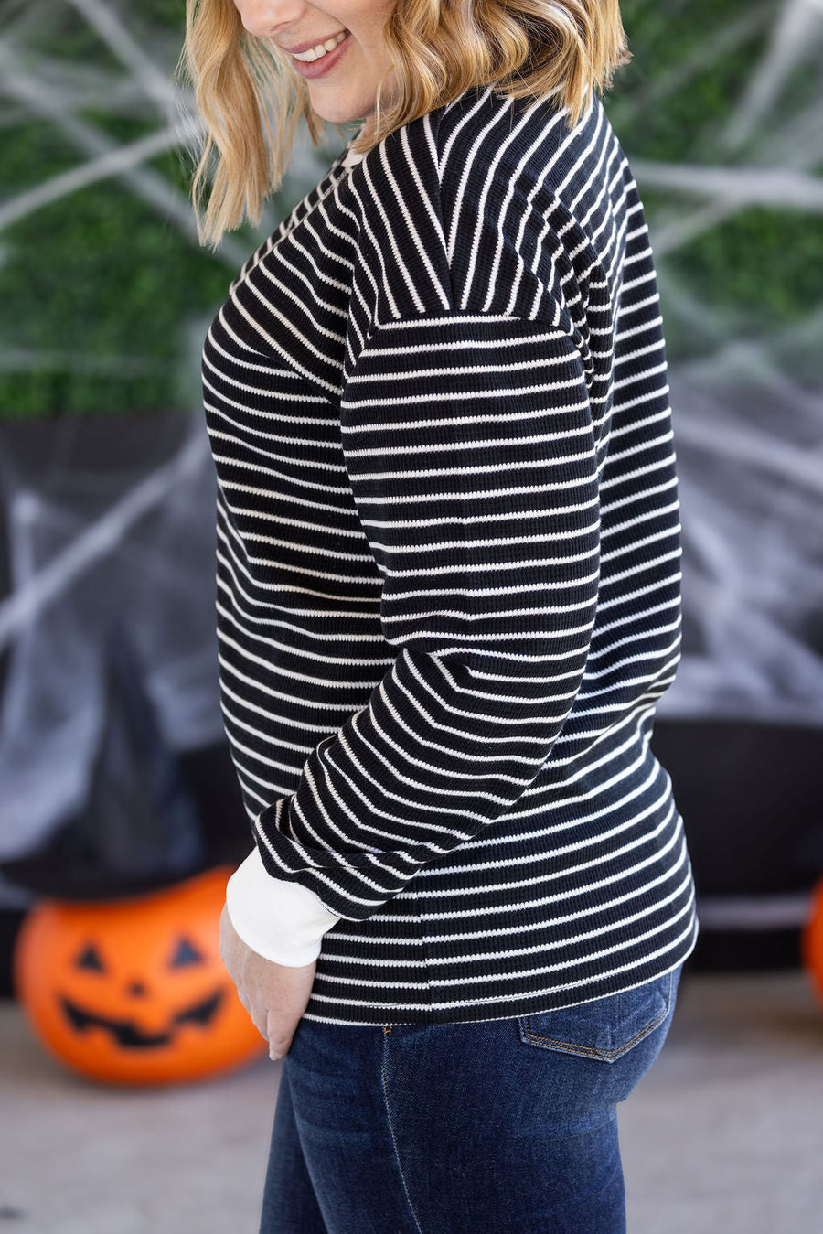 WAREHOUSE Lola Striped Thermal Top - Black