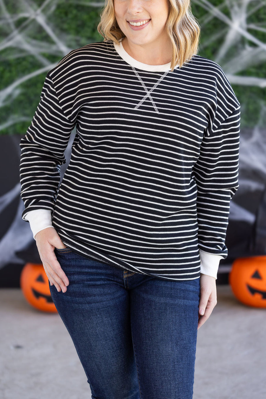 WAREHOUSE Lola Striped Thermal Top - Black