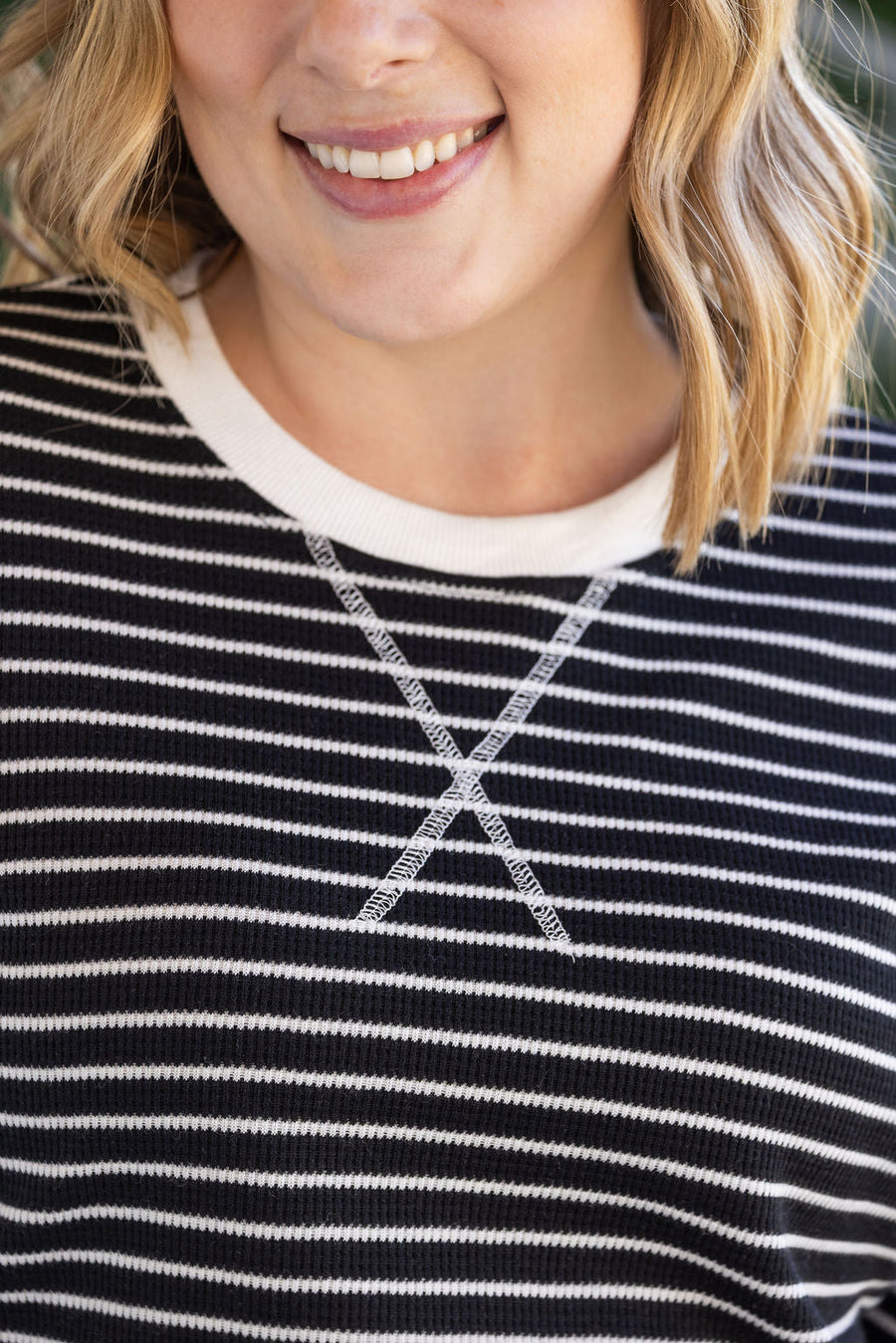 WAREHOUSE Lola Striped Thermal Top - Black