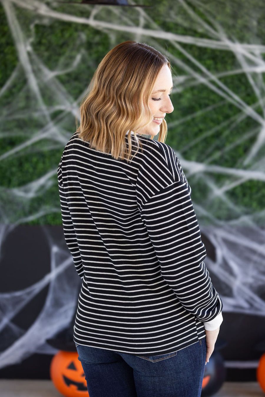 WAREHOUSE Lola Striped Thermal Top - Black