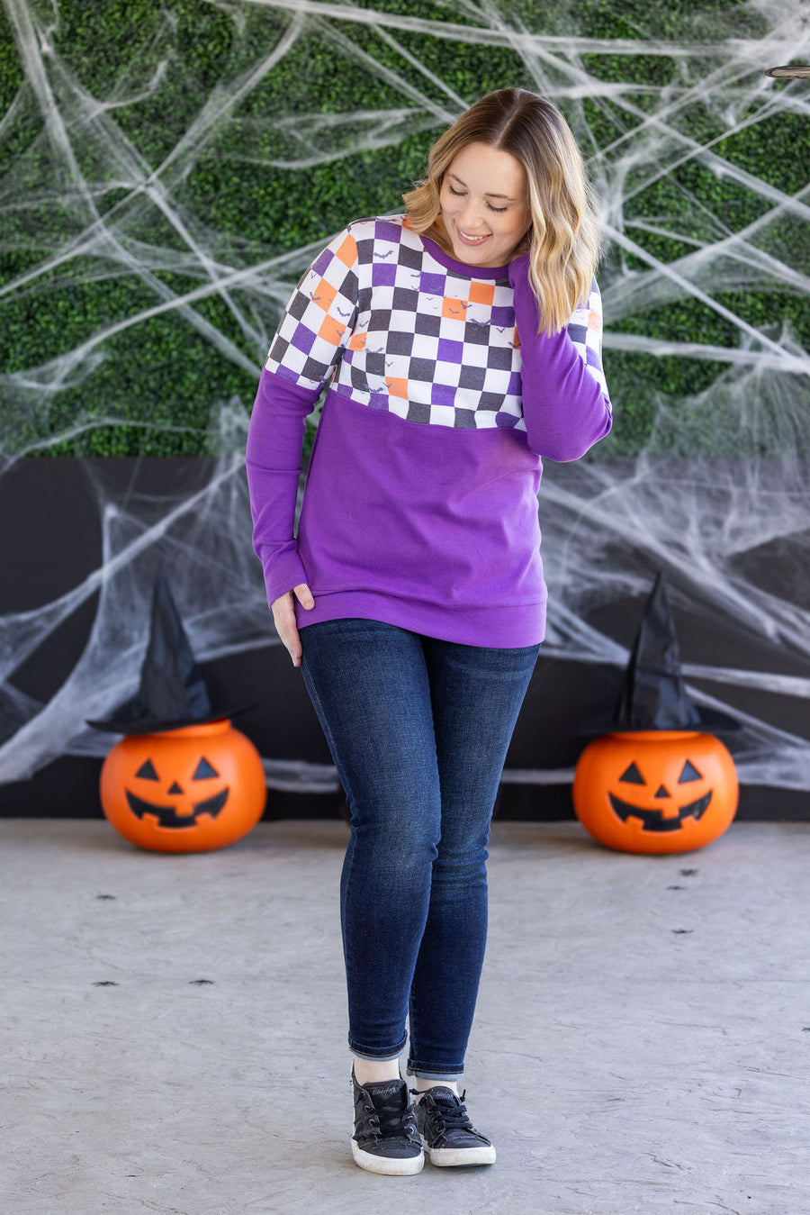 WAREHOUSE Natalie Pullover - Checkered Bats and Purple