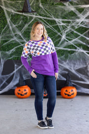 WAREHOUSE Natalie Pullover - Checkered Bats and Purple