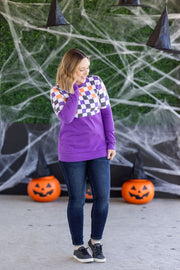 WAREHOUSE Natalie Pullover - Checkered Bats and Purple
